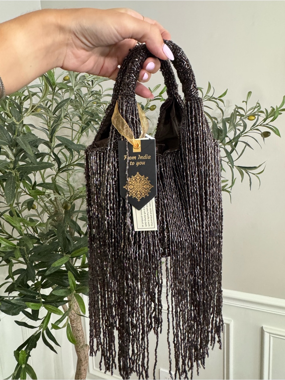 Made in India Brown Beaded Fringe Handbag Clutch